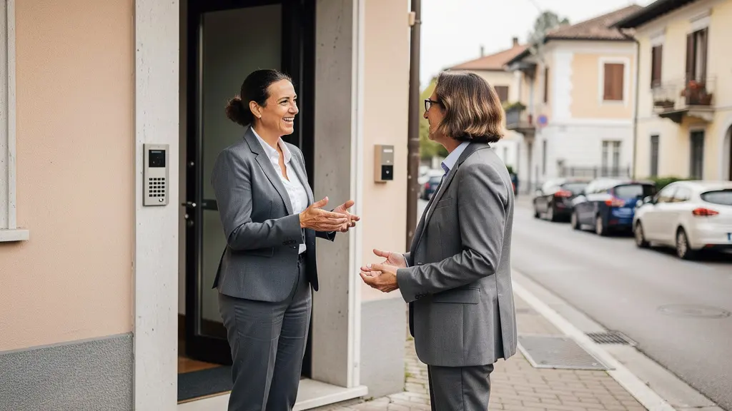 Agente immobiliare italiano discute con cliente davanti edificio residenziale