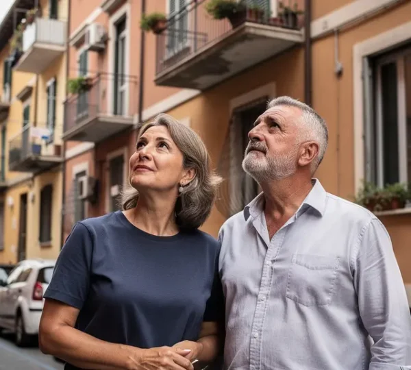 Coppia italiana osserva appartamento in vendita valutando agenzia immobiliare