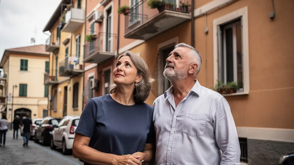 Coppia italiana osserva appartamento in vendita valutando agenzia immobiliare