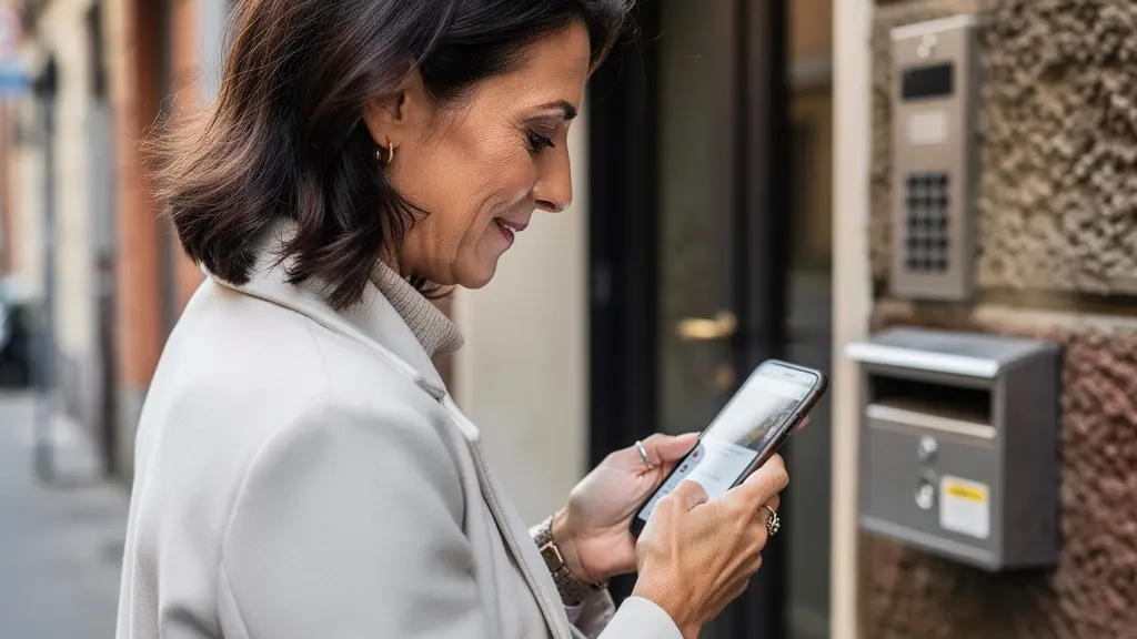 Donna italiana verifica transazioni agenzia immobiliare su smartphone
