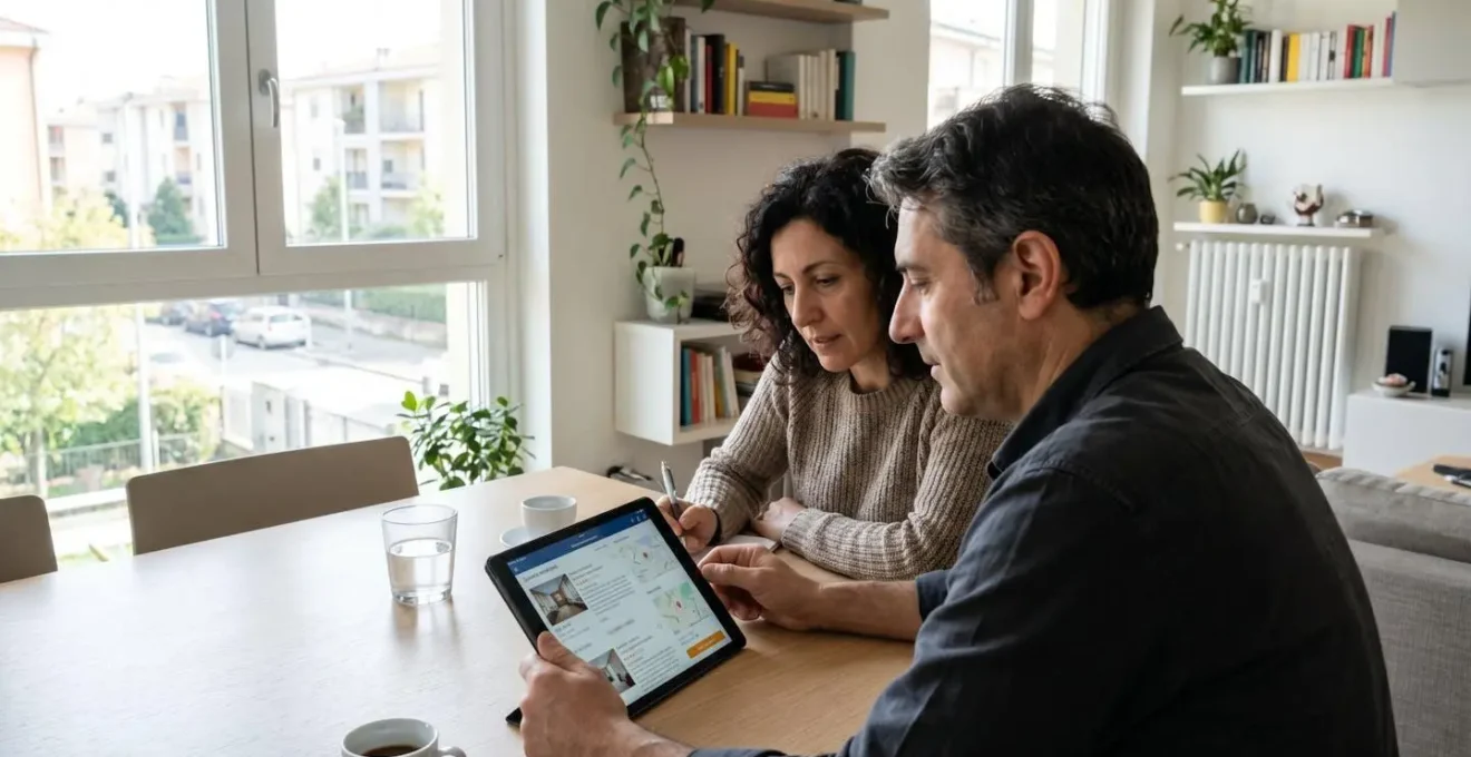 Coppia italiana di mezza età seduta a un tavolo moderno che osserva insieme dati immobiliari su uno schermo di tablet in un interno domestico luminoso