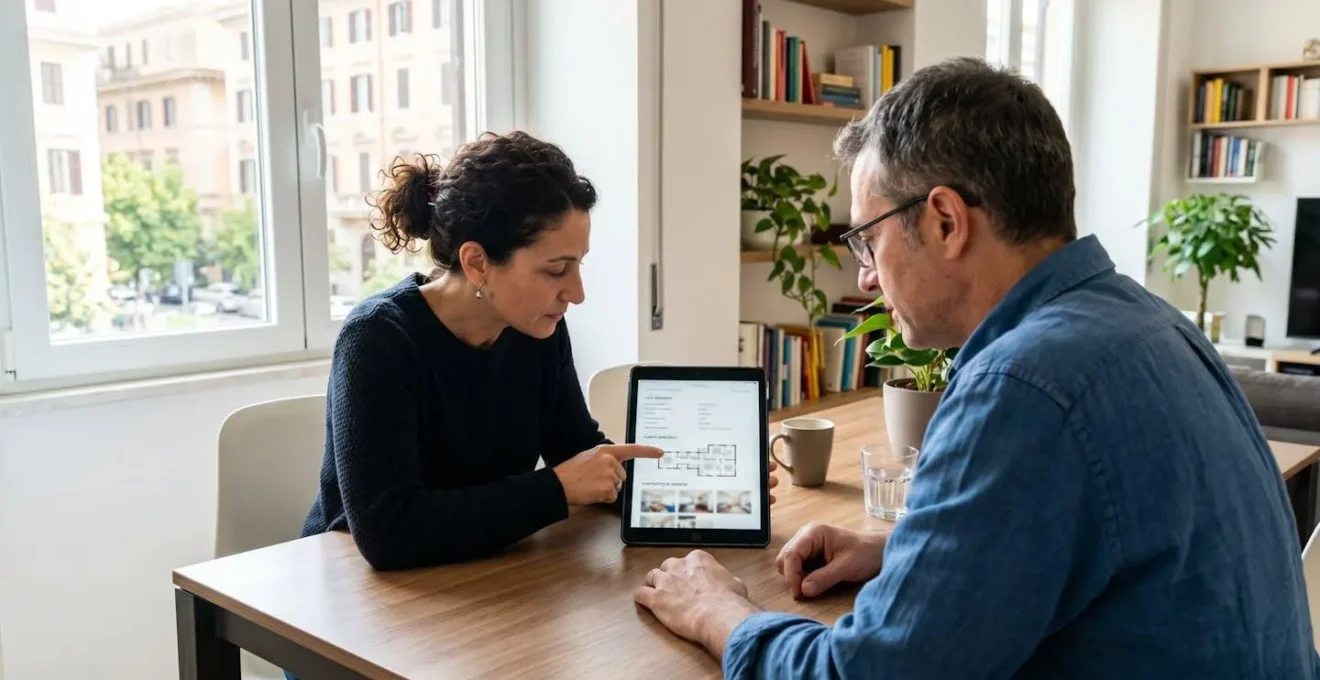 Coppia italiana di mezza età seduta a un tavolo moderno che osserva insieme dati immobiliari su uno schermo di tablet in un interno domestico luminoso