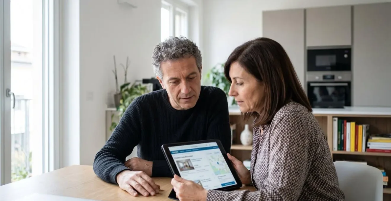 Coppia italiana di mezza età seduta a un tavolo moderno che osserva insieme dati immobiliari su uno schermo di tablet in un interno domestico luminoso