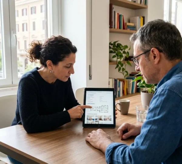 Coppia italiana di mezza età seduta a un tavolo moderno che osserva insieme dati immobiliari su uno schermo di tablet in un interno domestico luminoso