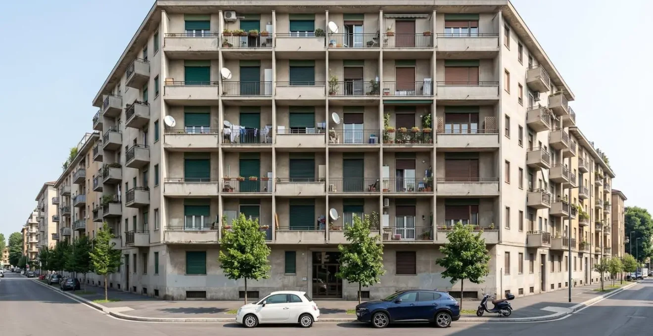 Facciata di un palazzo residenziale italiano tipico con balconi e persiane in un ambiente urbano moderno di giorno