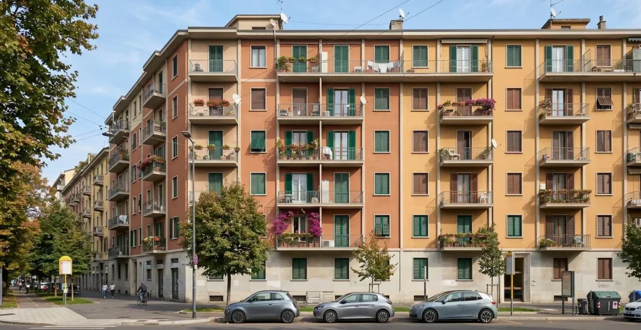 Facciata di un palazzo residenziale italiano tipico con balconi e persiane in un ambiente urbano moderno di giorno