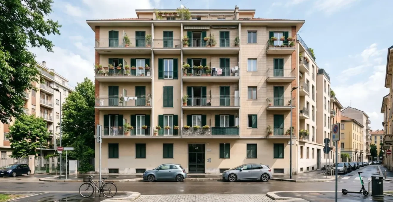 Facciata di un palazzo residenziale italiano tipico con balconi e persiane in un ambiente urbano moderno di giorno