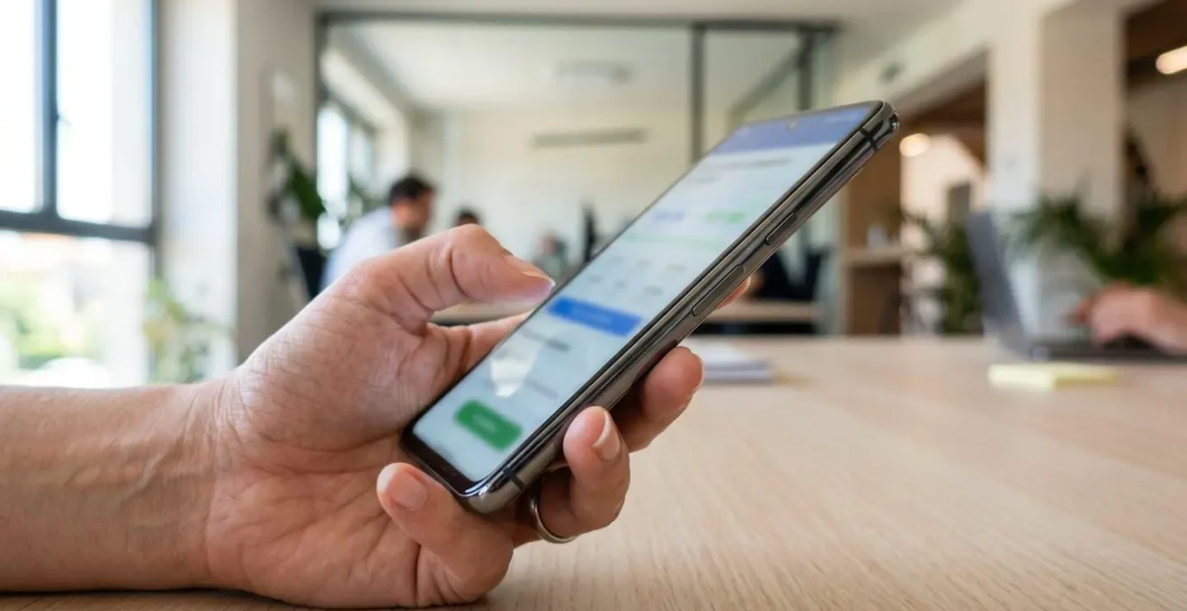 Primo piano di una mano che tiene uno smartphone moderno con schermata di applicazione di valutazione immobiliare completamente sfocata su una scrivania in legno chiaro