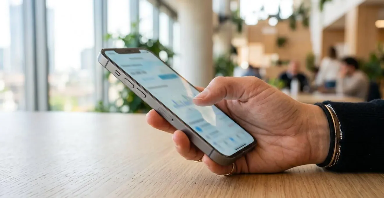 Primo piano di una mano che tiene uno smartphone moderno con schermata di applicazione di valutazione immobiliare completamente sfocata su una scrivania in legno chiaro