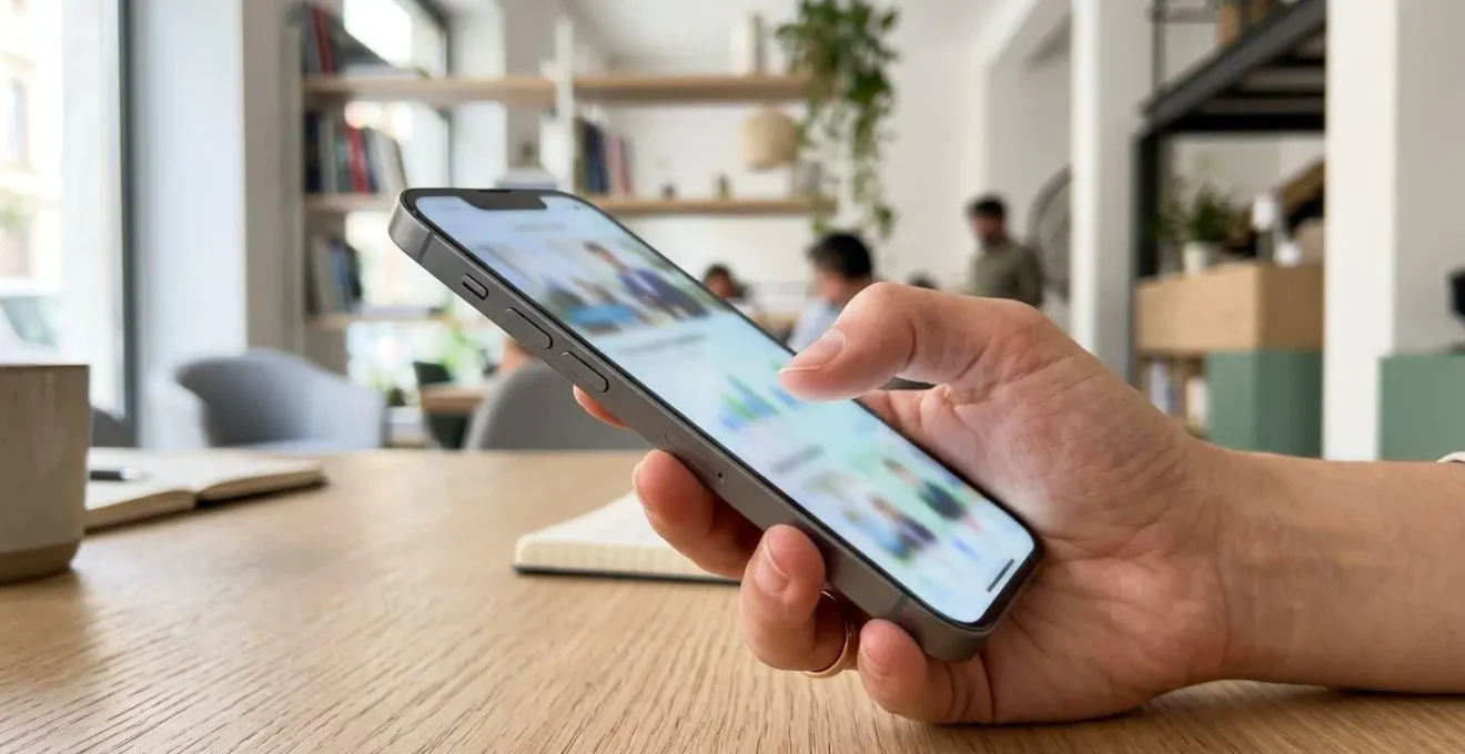 Primo piano di una mano che tiene uno smartphone moderno con schermata di applicazione di valutazione immobiliare completamente sfocata su una scrivania in legno chiaro